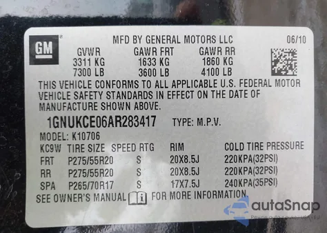 2010 Chevrolet Tahoe Ltz из США, поврежденный, VIN 1GNUKCE06AR283417